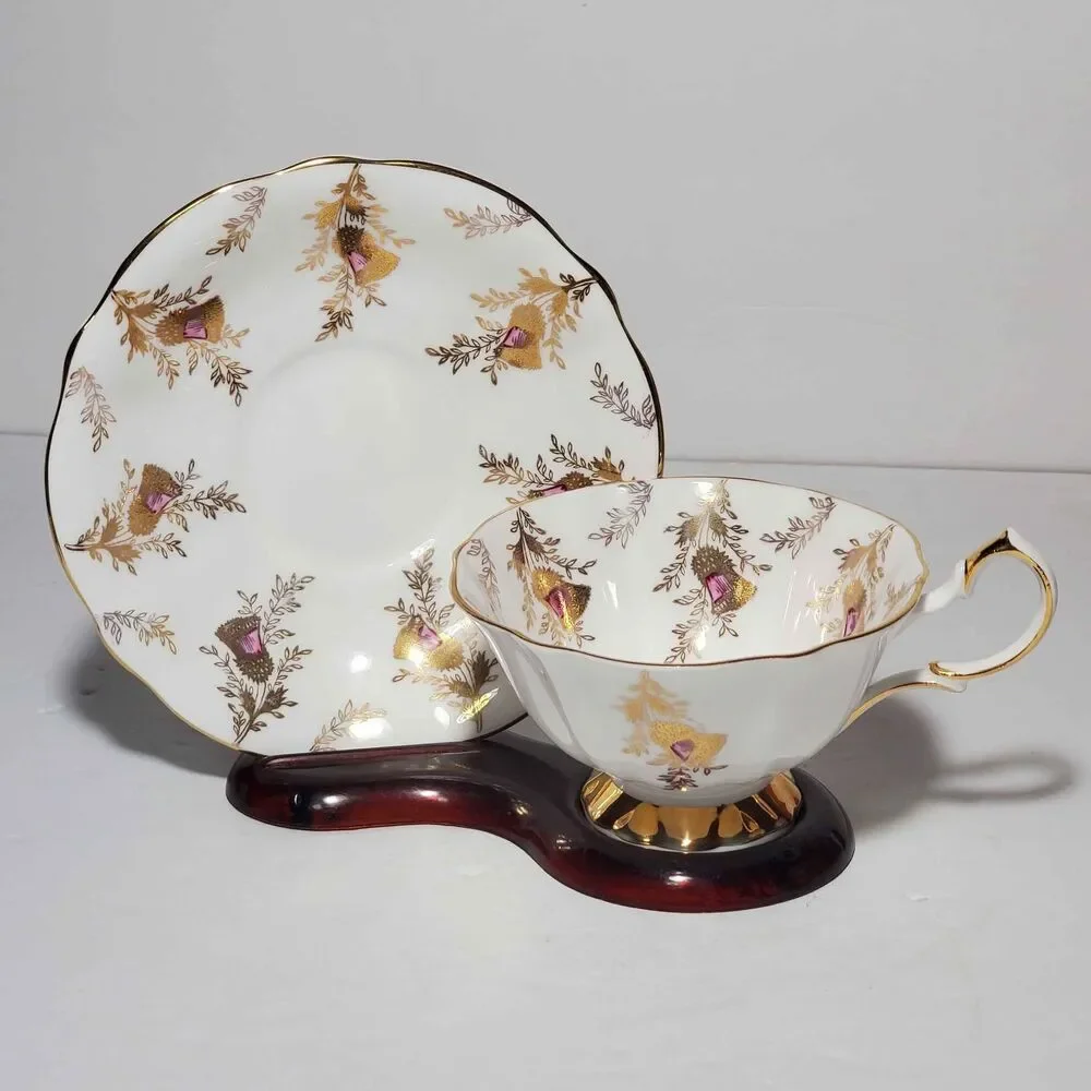 Queen Anne Teacup and Saucer Purple Gold Thistle Vintage